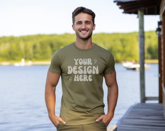 Men's Bella Canvas 3001 Mockup | Male Gildan Olive Green T-Shirt | Mens Lake House Mockups | Male Model Green T Shirt Lake Mockup | Fishing