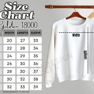 May include: Size chart for Gildan 18000 sweatshirts, showing width, length, and sleeve measurements in inches for sizes S through 4XL.