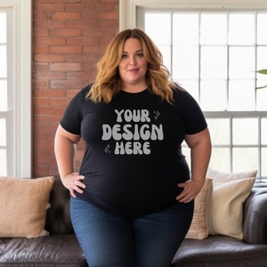 Plus Size Mockup Bella Canvas 3001 | Plus Size Model schwarzes T-Shirt | Inclusive Mockups | Gildan Mockup | Boho Hintergrund | Canvas POD XXL 5XL