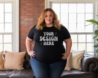 Plus Size Mockup Bella Canvas 3001 | Plus Size Model Black T-Shirt | Inclusive Mockups | Gildan Mockup | Boho Background | Canva POD XXL 5XL