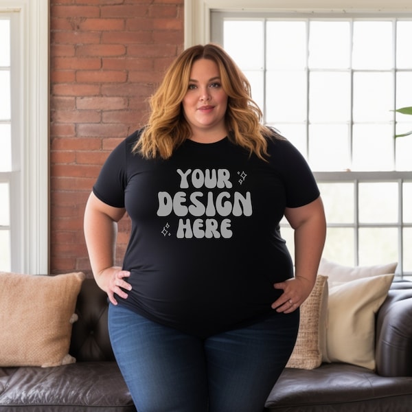 Plus Size Mockup Bella Canvas 3001 | Plus Size Model Black T-Shirt | Inclusive Mockups | Gildan Mockup | Boho Background | Canva POD XXL 5XL