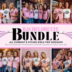 Puede incluir: Imagen promocional con varios grupos de mujeres con camisetas rosas y blancas. Las camisetas muestran el texto "YOUR DESIGN HERE". La imagen también incluye el texto "BACHELORETTE BUNDLE" y detalles sobre las maquetas.