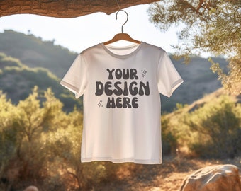 Bella Canvas 3001 Mockup | Bella Canvas White T-Shirt | Nature Hanger Mockups | Tree Hanging White Shirt Mockup | Nature Mountain Trail Mock