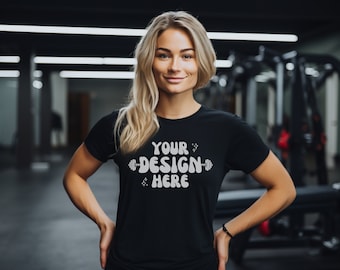 Gym T-Shirt Mockup | Exercise Model Black T-Shirt | Bella Canvas 3001 Mock | Gym Model Mockup | Gildan Mockup | Workout Shirt | Print Demand