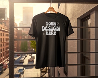Gildan 5000 Mockup | Gildan Black T-Shirt | City Street Hanger Mockups | New York City Hanging Black T Shirt Mockup | Fall Mens Fashion Mock