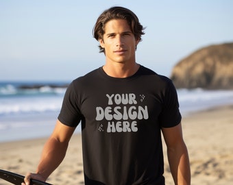 Herr Gildan 5000 Mockup | Manlig Gildan svart T-shirt | Herrstrandmodeller | Manlig modell svart T-shirt strandmodell | Manliga sommarmodeller för män