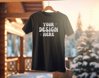 Bella Canvas 3001 Mockup | Gildan Black T-Shirt | Winter Hanging Mockups | Winter Hanger Black T Shirt Snow Mockup | Skiing Christmas Snow