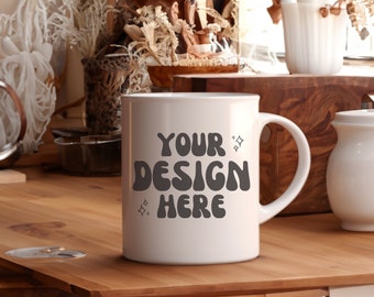 White 11oz Mug Mockup | Fancy Coffee Mug Mocks | Ceramic Cup Mockups | Sublimation Mug Design Mockup | Lifestyle 11 Ounce Mugs Mock Up