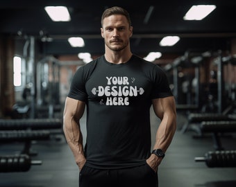 Model gym Bella Canvas 3001 T-shirt herenmodel | Zwart fitness-T-shirt heren | Mockup mannelijk sportmodel | Trainingsshirt | POD | Gildan
