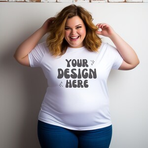 May include: White t-shirt with the text "YOUR DESIGN HERE" in a retro font.