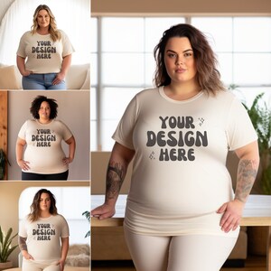 Może przedstawiać: Trzy kobiety w białych koszulkach z napisem "YOUR DESIGN HERE" w retro czcionce. Koszulki są luźne i mają okrągły dekolt.