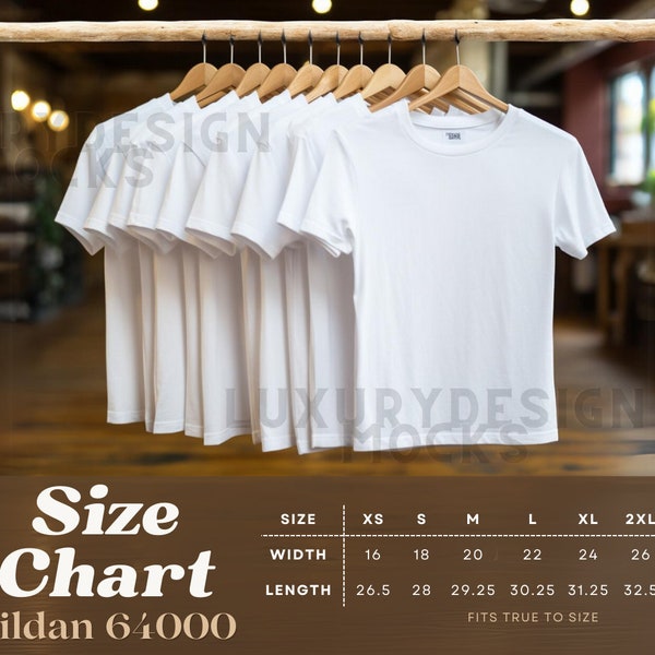 Gildan 64000 Size Chart Mockup | Gildan White T-shirt Size Guide | Boho T-Shirt Size Chart | Womens Mens Unisex Size Measurement | XS to 3XL