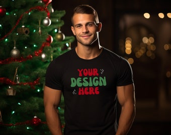 Men's Bella Canvas 3001 Mockup | Christmas Bella Canvas Black T-Shirt | Christmas Mens Mockups | Male Winter Black T Shirt Christmas Mockup