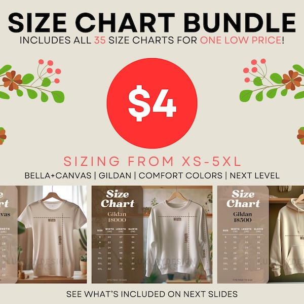 Size Chart Mockup Bundle, Access to All Size Guide Mocks, Gildan 18000 Size Chart Mockup, Bella Canvas Mens Womens Unisex Sizing, XS to 4XL