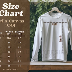 May include: Size chart for Bella + Canvas 3501 long-sleeve shirts. The chart shows the width and length in inches for sizes XS to 3XL.