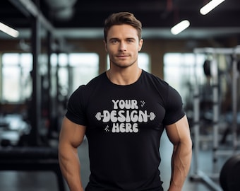 Male Model Gym Bella Canvas 3001 T-Shirt Mockup | Men's Gym T-Shirt Mockup | Fitness Model Black T-Shirt | Instant Digital Download