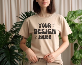 Bella Canvas 3001 Mockup | Bella Canvas Sand Beige T-Shirt | Boho Inspired Mockups | Female Model T Shirt Mockup | Lifestyle Boho Mock