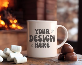 White 11oz Mug Mockup | Ski Lodge Coffee Mug Mocks | Ceramic Cup Mockups | Sublimation Mug Design Mockup | Chocolate 11 Ounce Mugs Mock Up