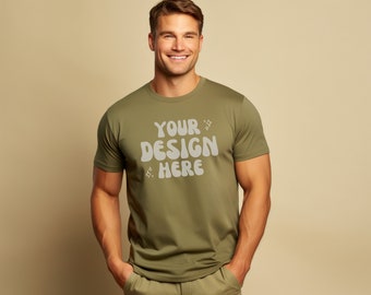 Men's Gildan 5000 Mockup | Male Gildan Olive Green T-Shirt | Mens Studio Mockups | Male Model Green T Shirt Boho Studio Mockup | Fathers Day