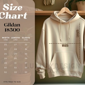 Könnte beinhalten: Größentabelle für Gildan 18500 Hoodies. Die Tabelle zeigt die Maße für Breite, Länge und Ärmel in Zoll für die Größen S bis 4XL.