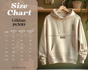 Gildan 18500 Size Chart Mockup | Gildan Size Guide | Boho Hoodie Size Charts | Womens Mens Unisex Sizing Measurement Sweatshirt | XS to 4XL