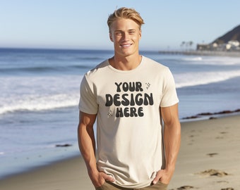 Men's Bella Canvas 3001 Mockup | Male Gildan Sand T-Shirt | Men's Beach Mockups | Male Model Beige T Shirt Beach Mockup | Popular Manly Mock