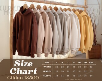 Gildan 18500 Size Chart Mockup | Boho Hoodie Size Charts | Gildan Size Guides | Womens Mens Unisex Sizing Measurement Sweatshirt | XS to 4XL