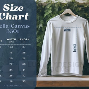 May include: Size chart for Bella+Canvas 3501 long-sleeve shirts. The chart shows the width and length in inches for sizes XS to 3XL.  The chart says "Fits true to size".