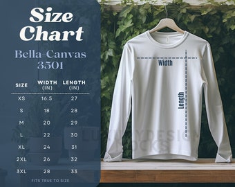 Men's Bella Canvas 3501 Size Chart Mockup | Bella Canvas Size Guide | Boho Long Sleeve T-Shirt Sizing Chart |  Mens Unisex Size | XS to 3XL