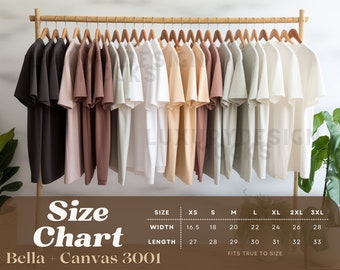 Bella Canvas 3001 T-Shirt Size Chart Mockup | Bella Canvas Size Guide | Boho T-Shirt Size Chart | Womens Mens Unisex Measurement | XS to 3XL