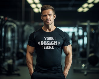 Male Model Gym Bella Canvas 3001 T-Shirt Mockup | Men's Fitness Model Black Shirt | Gym Male Model Mockup | Exercise Shirt Instant Download