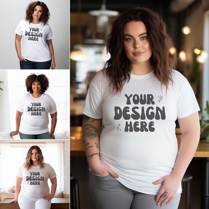 Może przedstawiać: Trzy kobiety w białych koszulkach z napisem "YOUR DESIGN HERE" w retro czcionce. Kobiety stoją w r&oacute;żnych pozach i ustawieniach.