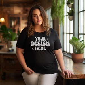 Plus Size Mockup Bella Canvas 3001 | Plus Size Model schwarzes T-Shirt | Inclusive Mockups | Gildan Mockup | Boho Hintergrund | POD 3XL