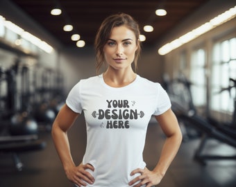 Female Model Gym Bella Canvas 3001 T-Shirt Mockup | Fitness Model White T-Shirt  | Gym Model Mockup | Gildan Mockup | Workout Shirt | POD