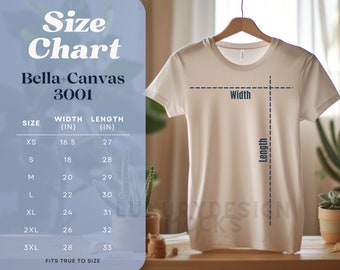 May include: Size chart for Bella + Canvas 3001 t-shirts, showing width and length measurements in inches for sizes XS to 3XL.  The chart indicates that the shirts fit true to size.