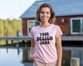 Gildan 64000 Mockup | Gildan Pink T-Shirt | Lake House Mockups | Female Model Pink T Shirt Lake Mockup | Popular Sunset Outdoors Lake Mock