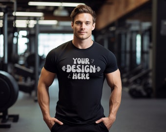 Male Model Gym Bella Canvas 3001 T-Shirt Mockup | Men's Exercise Model Black T-Shirt | Gym Male Model Mockup | Athletic Shirt POD | Gildan