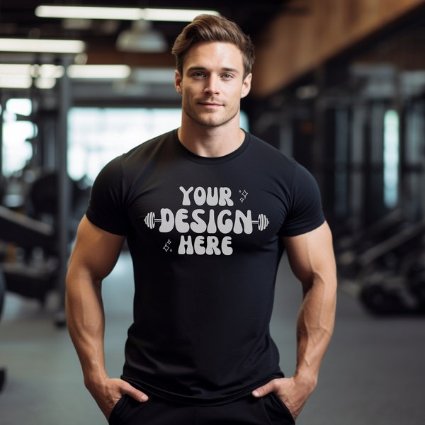 Male Model Gym Bella Canvas 3001 T-Shirt Mockup | Men's Exercise Model Black T-Shirt | Gym Male Model Mockup | Athletic Shirt POD | Gildan