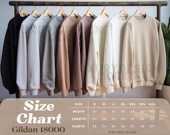 May include: Size chart for Gildan 18000 sweatshirts, showing measurements in inches for width, length, and sleeve length for sizes S through 4XL.