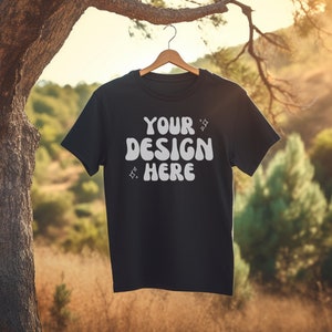 Bella Canvas 3001 Mockup | Gildan Black T-Shirt | Nature Hanger Mockup | Tree Hanging Black T-Shirt Mockup | Wysokiej Jakości Letni Wieszak Mockup