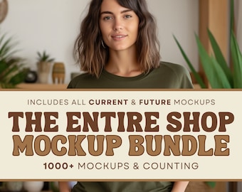 May include: A woman wearing a green t-shirt and khaki pants stands in front of a wooden shelf. The text on the shelf reads "INCLUDES ALL CURRENT & FUTURE MOCKUPS THE ENTIRE SHOP MOCKUP BUNDLE 1000+ MOCKUPS & COUNTING".