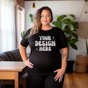 Plus Size Mockup Gildan 64000 | Plus Size Model Black T-Shirt | Inclusive Mockup | Bella Canvas Mockup | Boho Background | Diversity POD 4XL