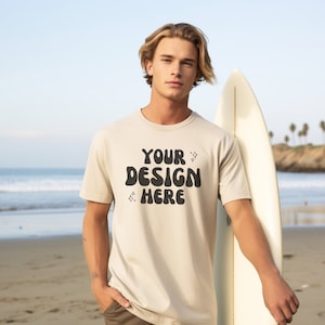 Men&#39;s Bella Canvas 3001 Mockup | Male Bella Canvas Sand T-Shirt | Men&#39;s Beach Mockups | Male Model Beige T Shirt Beach Mockup | Surfing Mock
