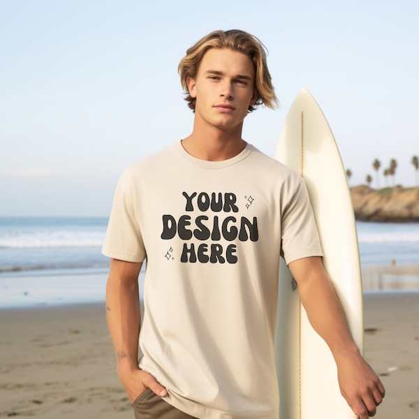 Men's Bella Canvas 3001 Mockup | Male Bella Canvas Sand T-Shirt | Men's Beach Mockups | Male Model Beige T Shirt Beach Mockup | Surfing Mock