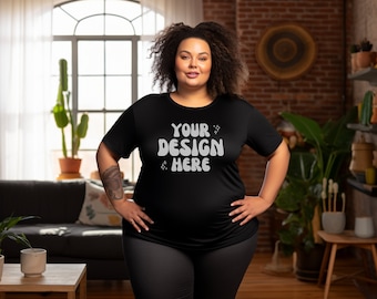 Plus Size Mockup Bella Canvas 3001 | African American Model Plus Size Model Black T-Shirt | Inclusive Mockups | Boho Background | 5XL Black