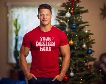 Men's Gildan 64000 Mockup | Christmas Bella Canvas Red T-Shirt | Christmas Mens Mockups | Male Winter Red T Shirt Christmas Mockup | Men