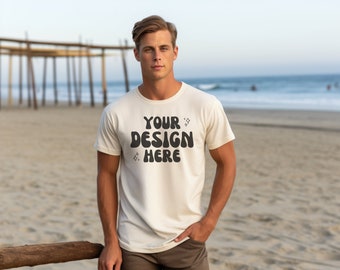 Men's Bella Canvas 3001 Mockup | Male Gildan Sand T-Shirt | Mens Beach Mockups | Male Model Beige T Shirt Beach Mockup | Summer Mens Mock Up