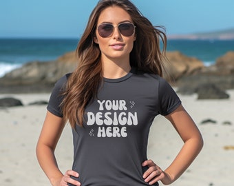 Bella Canvas 3001 Mockup | Gildan Ash Gray T-Shirt | Beach Mockups | Female Model Heather Gray Shirt Mockup | Sunglasses Summer Beach Mock