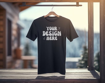 Gildan 64000 Mockup | Bella Canvas Black T-Shirt | Winter Hanging Mockups | Winter Hanger Black T Shirt Snow Mockup | Ski Cabin Fireplace