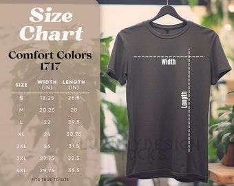 Comfort Colors 1717 Size Chart Mockup | Comfort Colors Size Guide | Boho T-Shirt Size Chart | Womens Mens Unisex Size Measurement | XS - 4XL